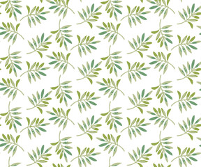 Fototapeta na wymiar Seamless watercolor pattern of tropical leaves, aloha jungle illustration. Hand painted palm green leaf. Texture with tropic summer time used as background, 