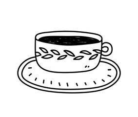 Cute cup of tea or coffee on a saucer isolated on white background. Vector hand-drawn illustration in doodle style. Perfect for cards, menu, logo, decorations.