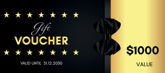 1000 Dollar value gift voucher template design with black bow and gold star isolated on black background. Special offer gift voucher template to save money. Gift certificates, tickets, coupon code.