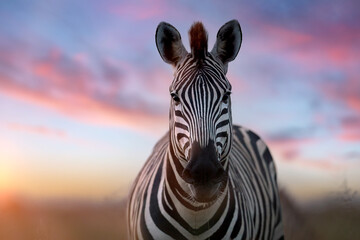 Portrait of a zebra. Close-up of zebra looking directly into the camera, pink-blue sky in the background.  African wild animals in artistic stylization. Nxai Pan National Park, Botswana.