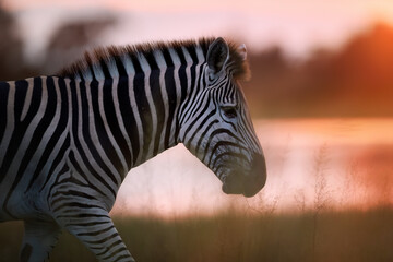 Portrait of a zebra. Close-up, side shot of zebra against glow of rising sun and gold colored river in background.  African wild animals in artistic stylization. Nxai Pan National Park, Botswana.