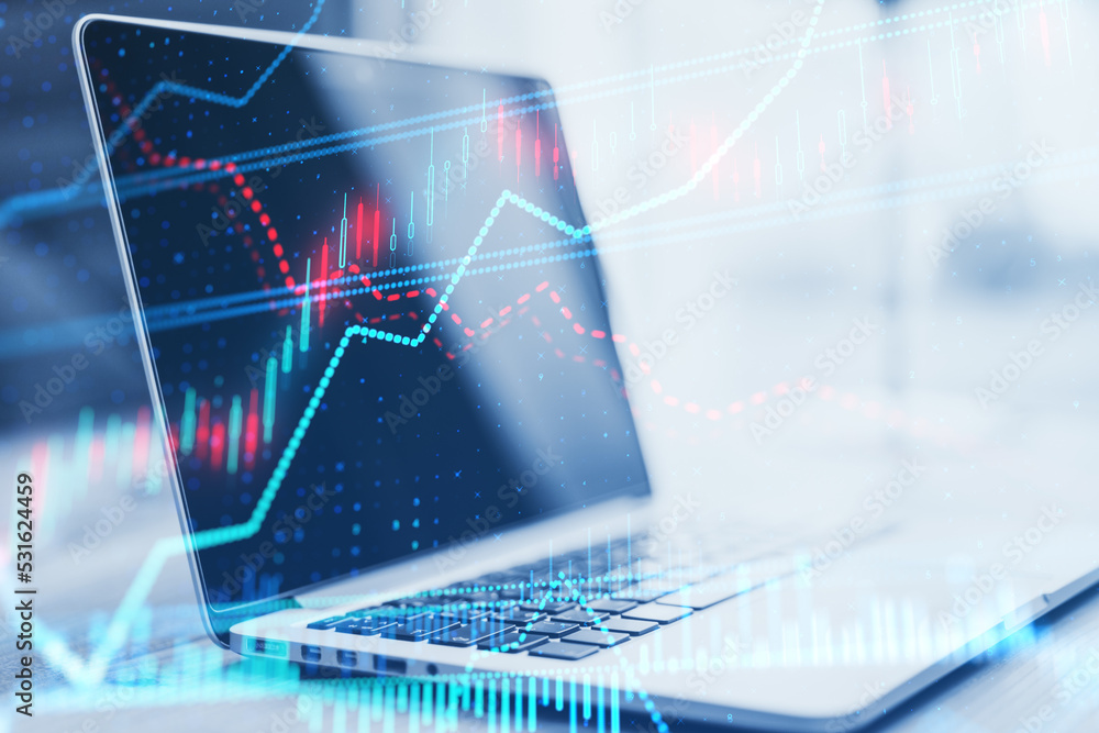 Poster close up of notebook keyboard with creative glowing forex chart on blurry background. trade, finance