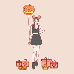 Halloween concept. Young woman dressed in halloween fashion. Hand drawn style vector illustrations.