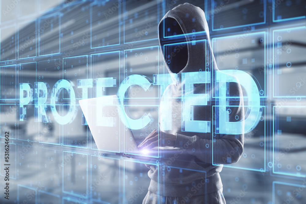 Aufkleber Hacker in office using laptop with creative blue cubes protected text hologram on blurry background. Technology, hacking, secure and information protection concept. Double exposure.