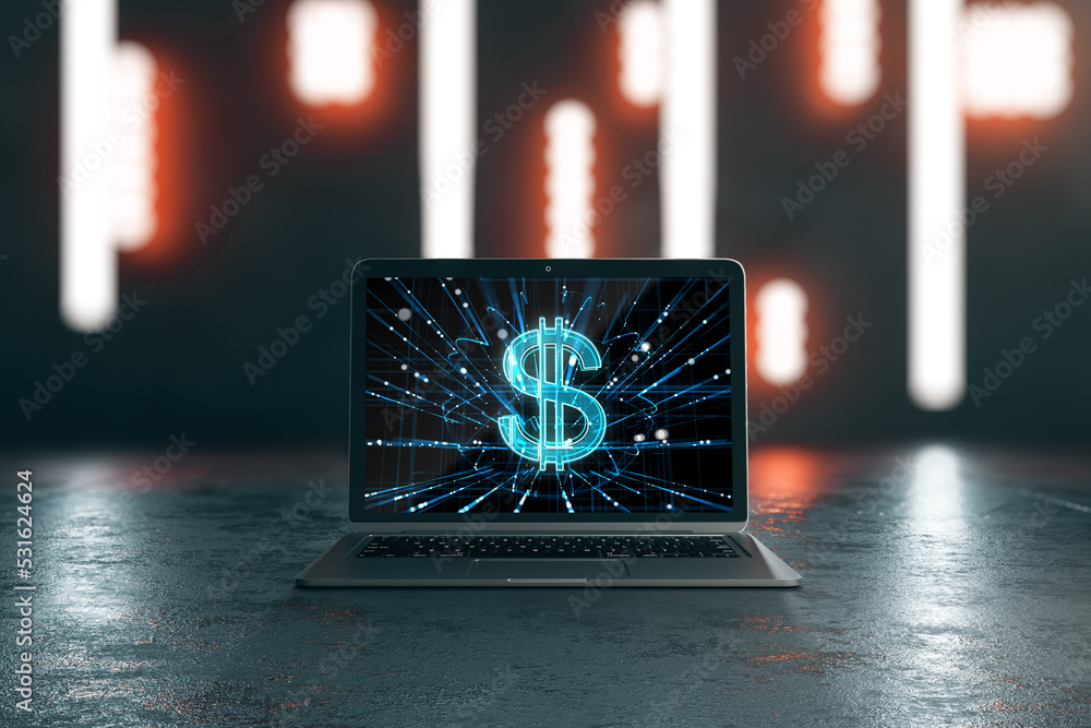 Poster close up of laptop with dollar sign on screen on abstract workplace with glowing blurry lights. 3d r