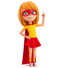 Cartoon character girl in super hero costume points up with her finger. 3d render illustration.