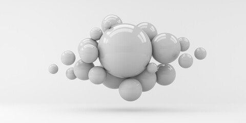 Abstraction from spheres. Flying spheres on a white background. 3d rendering. Illustration for advertising.