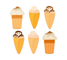 Ice cream, a treat in a waffle cup and a cone, with chocolate chips, a colored drawing on a transparent background