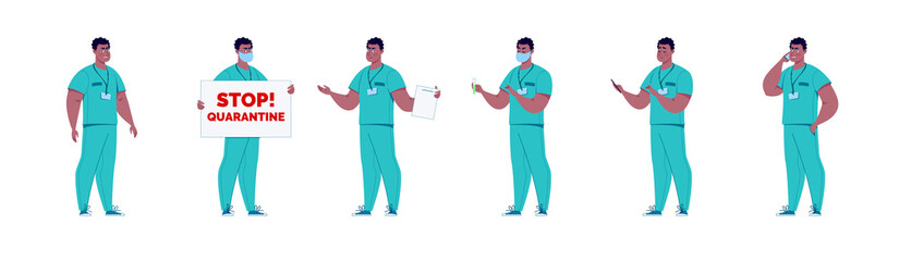 Doctor in various poses. Character design set.  Raster illustration flat cartoon.