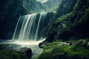 Beautiful mountain waterfall. Fantastic Epic Magical Landscape. Summer nature. Mystic Valley. Gaming assets. Celtic Medieval Forest. Rocks and grass. River and stream
