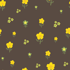 Fototapeta premium Buttercup vector seamless pattern background. Hand-drawn yellow green white floral repeat backdrop. Perennial herbaceous garden flower scattered design. Symbol for growth, love, health, youthfulness