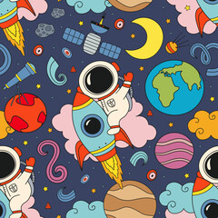  seamless pattern  with cute astronaut flying on a rocket in space