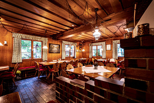 Interior view of the traditional restaurant "Fischerh&uuml;tte" at the lakeshore of the legendary Lake Toplitz, Ausseer Land region, Styria, Austria