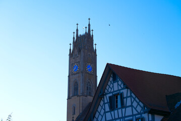 Protestant church of rural village Andelfingen, Canton Zürich, on a sunny summer day. Photo taken July 12th, 2022, Andelfingen, Switzerland.