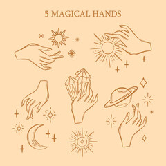 MAGIC HANDS Astrological Variations Symbol Set For Tarot Card Occult Esoteric Witchcraft Hand Drawn Alchemist Objects Halloween Sketch Design Collection