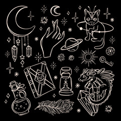 WITCH SYMBOLS Astrological Mystic Character Variations Fire Salamander Space Cat Occult Esoteric Witchcraft Hand Drawn Sketch Alchemist Objects Design Set