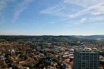 Aerial view of City of Winterthur on a sunny summer day. Photo taken July 12th, 2022, Winterthur, Switzerland.