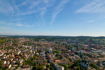 Aerial view of City of Winterthur on a sunny summer day. Photo taken July 12th, 2022, Winterthur, Switzerland.