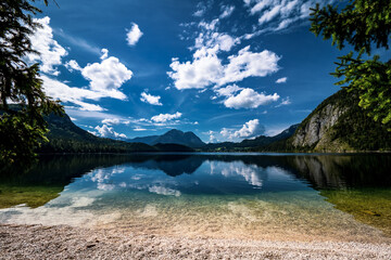 Breathtaking view of the alpine Altausseer See (Lake Aussee) in Ausseer Land region, Salzkammergut, Styria, Austria