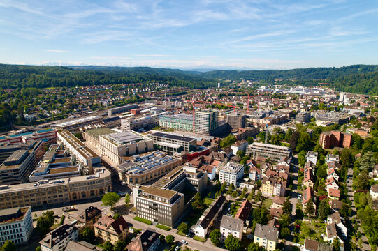 Aerial view of City of Winterthur on a sunny summer day. Photo taken July 12th, 2022, Winterthur, Switzerland.