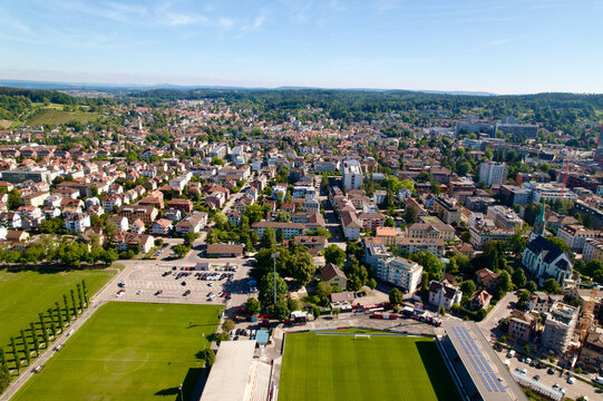 Aerial view of City of Winterthur on a sunny summer day. Photo taken July 12th, 2022, Winterthur, Switzerland.