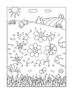 Easter dot-to-dot picture puzzle and coloring page with three painted eggs. 
