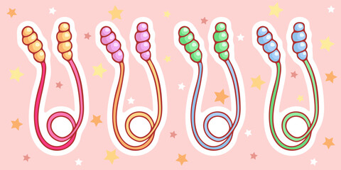 Cute hand-drawn set of skipping ropes in doodle cartoon style. Sweet composition in neutral candy colors. Kawaii element for card, social media banner, sticker, decoration kids playroom. Vector