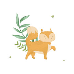 cute childish composition with forest animal and leaves, plants, design and print