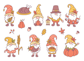 Cute autumn gnomes set. Thanksgiving characters. Cartoon style.