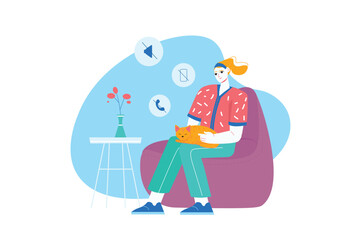 Blue concept Digital detox with people scene in the flat cartoon design. Girl rest on a chair with a cat away from all digital gadgets. Vector illustration.