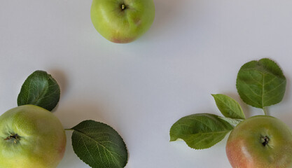 Green apples with leaves on a white background with space for text. Poster.