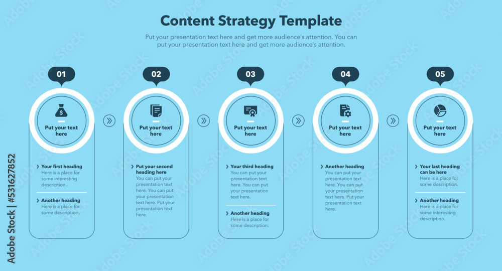 Aufkleber Content strategy template with five stages and place for your content - blue version. Simple flat template for data visualization.