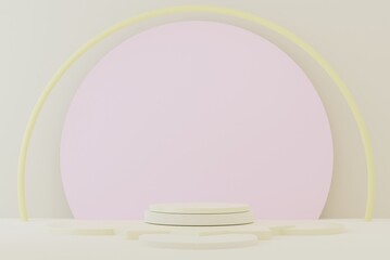 3d rendered studio with geometric shapes white Podium on the floor. Abstract Platforms for product presentation, mock up pink pastel background color.
