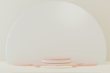3d rendered studio with geometric shapes white Podium on the floor. Abstract Platforms for product presentation, mock up pink pastel background color.