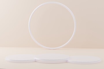 3d rendered studio with geometric shapes white Podium on the floor. Abstract Platforms for product presentation, mock up pink pastel background color.