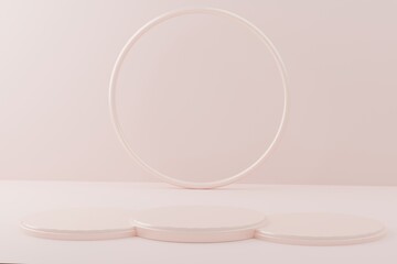 3d rendered studio with geometric shapes white Podium on the floor. Abstract Platforms for product presentation, mock up pink pastel background color.