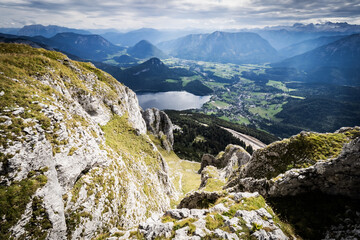Fototapeta na wymiar Breathtaking view of Altaussee and the Altausseer See (Lake Aussee) from the summit of the Loser mountain, Ausser Land, Salzkammergut, Styria, Austria