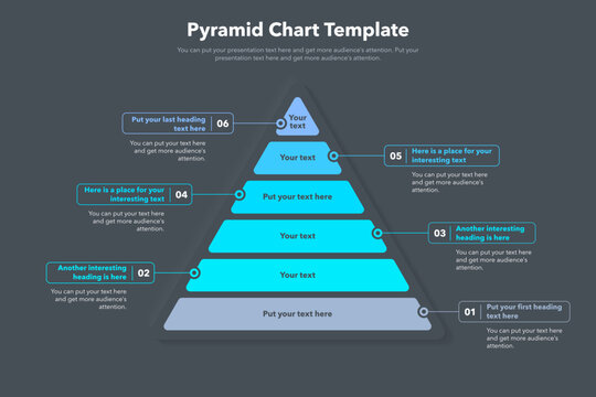 Pyramid graph template with six colorful steps - dark version. Slide for business presentation.