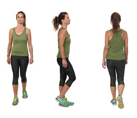 Fototapeta premium view front,back and side view o same woman. with sportswear on white background
