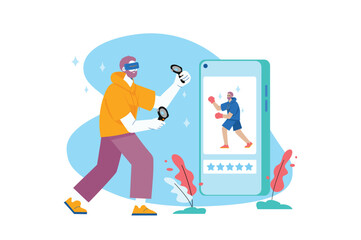 Metaverse blue concept with people scene in the flat cartoon design. Guy plays games in a virtual world which he entered using smartphone and VR-glasses. Vector illustration.