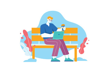 Freelance blue concept with people scene in the flat cartoon design. Man works on a laptop while sitting in a park on a bench and drinking coffee. Vector illustration.