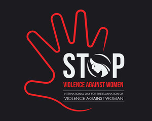 International Day for the Elimination of Violence Against Women - Red line hand stop and STOP text with the woman cry sign on black background vector design