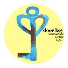 Old vintage blue door key with traces of rust, painted in watercolor on white background.