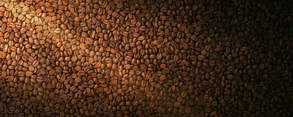roasted coffee beans background. banner