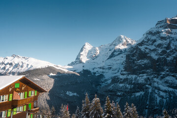 Fototapeta premium Murren , Swiss mountain village near Schilthorn and Lauterbrunnen during winter sunny day : Murren , Switzerland : December 3 , 2019