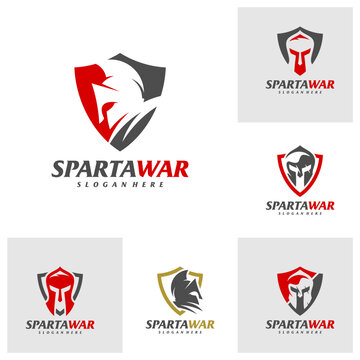 Set of Shield Spartan Warrior Logo Vector. Spartan Helmet Logo design template. Creative icon symbol