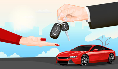 Hands giving keys of red luxury sport car, expensive automobile in city parking. Woman take key of agent at deal purchase sell, rent. Realistic men hand in black suit with keyring. Vector illustration