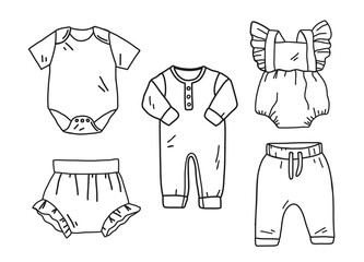 Set of baby clothes. Onesie, diaper cover, romper, bodysuit, pants for infants. Line art vector illustration