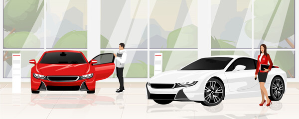 Car showroom. Woman in red Jacket, girl agent and customer man inside dealership. Urban business, sales new expensive vehicles, luxury sport transport. Showcase for brilliant cars. Vector illustration