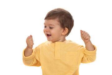 Cute happy baby with yellow t-shirt